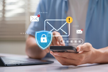 Concept of secure email login, data protection, cybersecurity, phishing alert, and online privacy safety. Person using smartphone with email icon, alert symbol, and password protection graphics.