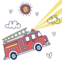 Cute cartoon fire truck with ladder and bright sun illustration, cheerful design and copy space