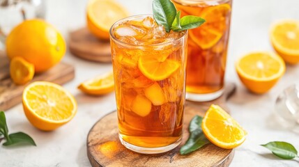 Fototapeta premium Two glasses of iced tea with orange slices and mint leaves