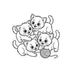 Naklejka premium Playful Kittens Pile with Yarn Ball - Cute Cartoon Illustration
