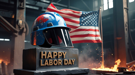 American flag and hard hat honor labor day with industrial background and sparks