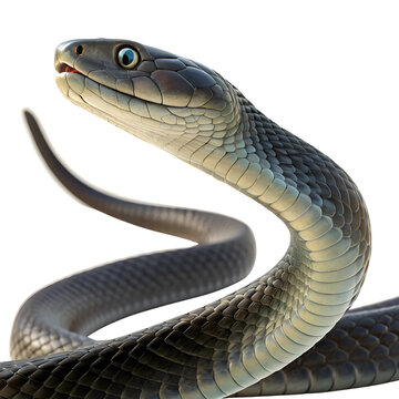 Black mamba snake, light falling on it from an angle making it more visible and attractive, close-up, transparent background