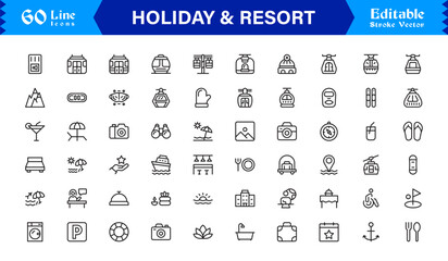 Holiday Resort Travel Line Icon Set – Modern Minimal Professional Vector Symbols for Vacation Tourism Leisure