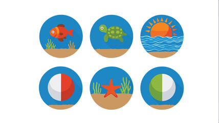 Fototapeta premium Aquatic icons sea turtle fish sun starfish