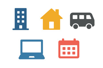 Graphic representation of urban life symbols such as buildings, home, transport, technology, and scheduling in a minimal design © Mark