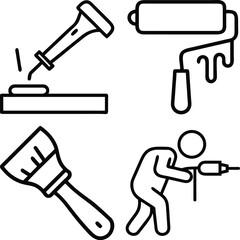 Four simple line art icons depicting home improvement tasks: drilling, painting, applying glue, and using a putty knife.