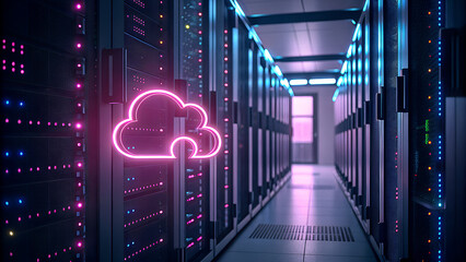 Glowing neon pink cloud symbol illuminating a futuristic server room with rows of data racks and vibrant blue and purple lighting creating a digital atmosphere