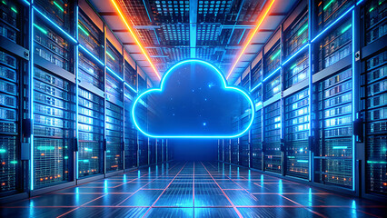 Futuristic data center with glowing blue cloud symbol and neon lights representing digital transformation and cloud computing technology