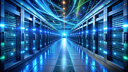 Illuminated server room with glowing blue and green fiber optic cables creating a futuristic digital data highway and network connection