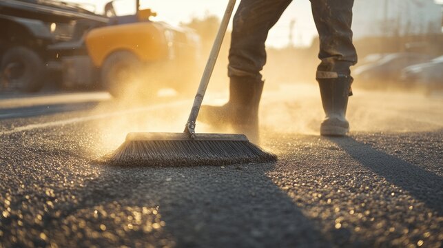 Worker sweeping freshly laid asphalt with a broom, dust rising in the sunlit air.