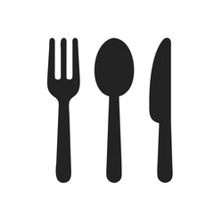 Cutlery set fork, knife, spoon silhouette logo. Black icon restaurant sign with fork, knife and spoon  isolated on white background. Vector illustration front view