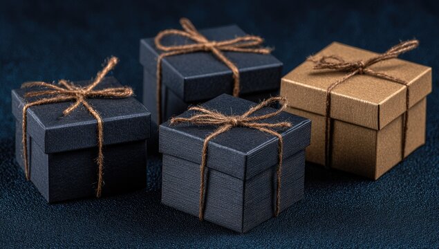Four small gift boxes, dark colors, tied with twine