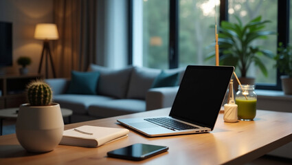 Naklejka premium Flat Lay of Modern Office Desk with Laptop and Coffee Cup