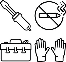 A collection of four simple line art icons representing a screwdriver, no smoking symbol, toolbox, and a pair of gloves.