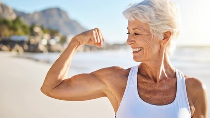 Happy senior woman flexing arm on beach