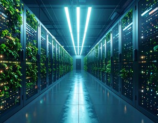 Futuristic server room corridor with green plants on racks, a concept of sustainable data center technology and eco-friendly cloud computing.