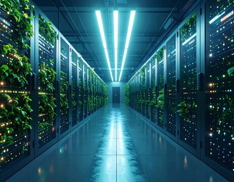 Futuristic server room corridor with green plants on racks, a concept of sustainable data center technology and eco-friendly cloud computing.