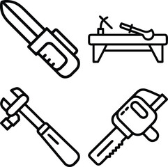 A black and white illustration featuring four distinct hand tools: two adjustable wrenches, a pipe wrench, and a workbench with tools.