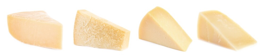Parmesan cheese pieces isolated on white, set