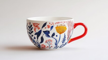 Floral patterned mug with red handle