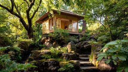 Wooden teahouse nestled amidst a serene rock garden.
