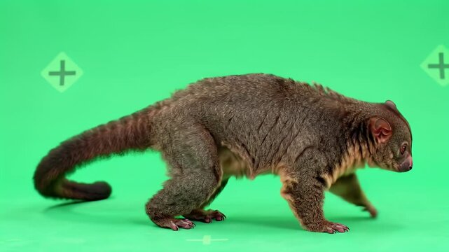 Small brown mammal with long tail walking on green studio background, side view