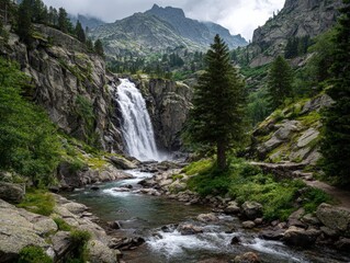 Frontal view, majestic waterfall cascading over crystalline cliffs