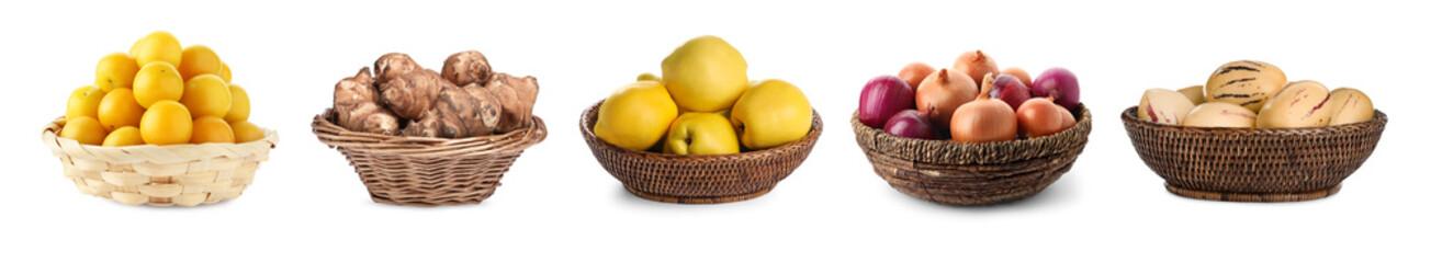 Fresh vegetables and fruits in wicker baskets isolated on white, set