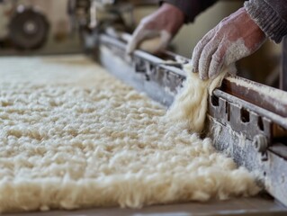 Hands expertly process wool in a traditional factory setting, emphasizing craftsmanship and textile heritage