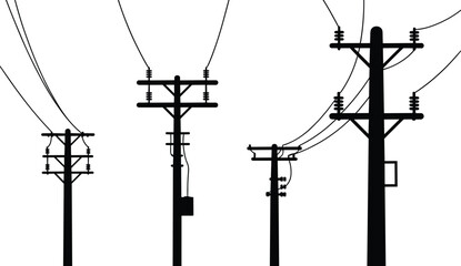 ilhouette of utility poles, power lines, electrical infrastructure, energy distribution, black and white vector, illustration, grid design, urban network