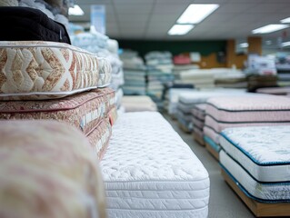 Rows of various mattresses displayed in a store, offering a wide selection for comfort and quality sleep
