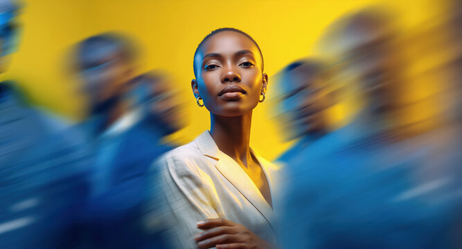 Confident African businesswoman in white blazer centered amid blue and yellow motion-blurred crowd
