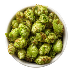 Obraz premium Fresh green hops in white bowl, showcasing their vibrant color and texture, perfect for brewing beer or culinary uses