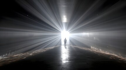 Person walking toward a bright light in a dark tunnel.