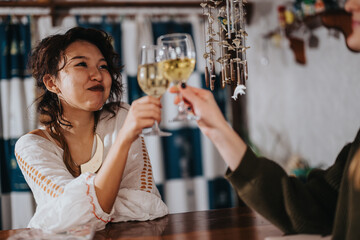 Friends enjoy a cheerful gathering, clinking glasses of white wine in an intimate environment, highlighting connection and joy.