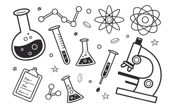 A colorful vector illustration collection of various chemistry lab equipment icons and science symbols
