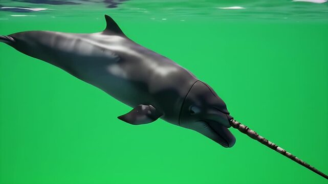 Majestic Narwhal, the Unicorn of the Sea, Gracefully Gliding Through Vibrant Green Underwater Depths with Its Iconic Long Tusk