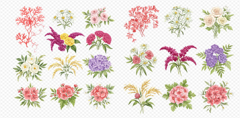 A large collection of isolated floral bouquets with peonies, roses, hydrangeas, and other flowers.