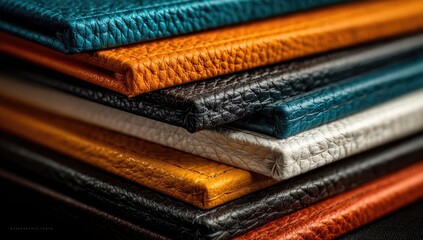 Close-up of stacked leather-bound books or journals, showcasing a variety of colors.  Textured leather edges are prominent