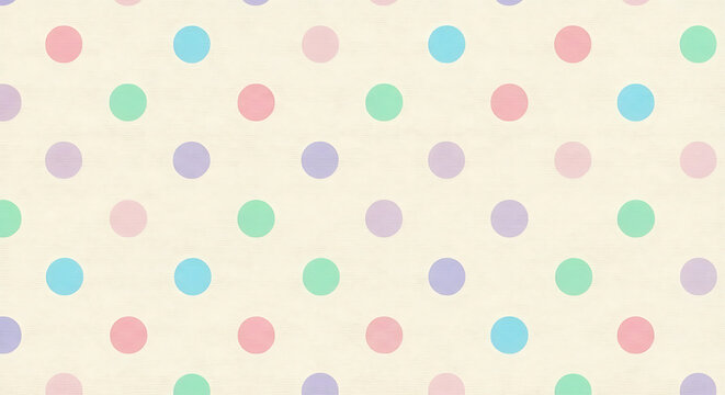 Pastel-colored polka dots create a soft, repeating pattern on a light beige background.