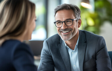 Fototapeta premium Smiling colleagues collaborating on a project in a modern office environment