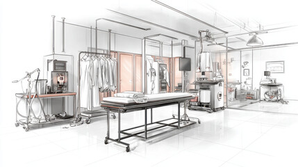 An illustrated view of a modern dry cleaning facility, emphasizing cleanliness and professional service.