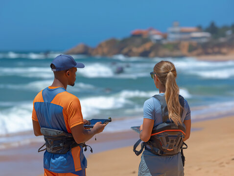 African American man and Caucasian woman standing on sandy beach, observing ocean waves, equipped with gear, enjoying sunny day, showcasing teamwork and outdoor adventure