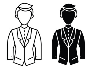 Men blazer or jacket symbol. Black and White Icon of a Person Wearing a Blazer. Man Silhouette in Suit Elegant Male Silhouette Illustration.