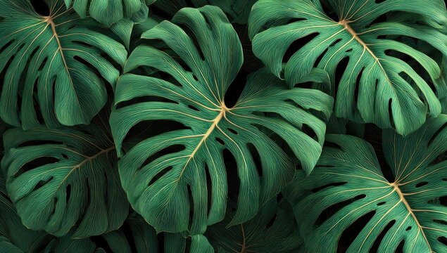 Lush green monstera leaves, overlapping, textured, nature backdrop