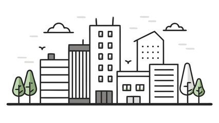 Obraz premium Modern cityscape with tall buildings trees and clouds illustration