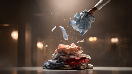 A hand throwing freshly cleaned and ironed laundry, ready to be folded.