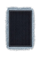 Fototapeta premium Dark indigo denim patch with coarse twill weave, transitioning to frayed lighter blue fabric with loose threads, set against a pristine transparent background, clean textile contrast study