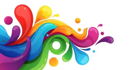 Fototapeta premium Colorful abstract digital illustration with flowing wavy rainbow shapes and transparent gradient droplets on white background creating playful motion for modern creative vector inspired graphic presen