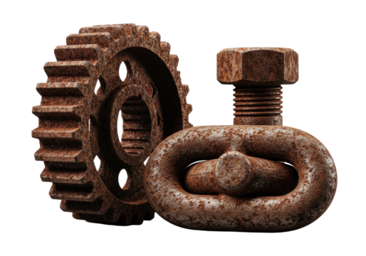 Heavily rusted industrial gear, metal bolt, and oval chain links with deep reddish-brown flaking texture on a seamless transparent studio backdrop, artistic still life of industrial decay
